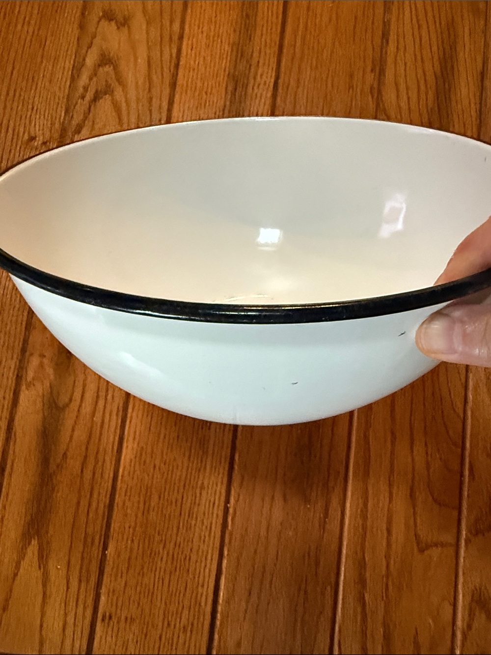 Vintage White Enamel Bowl with Black Rim